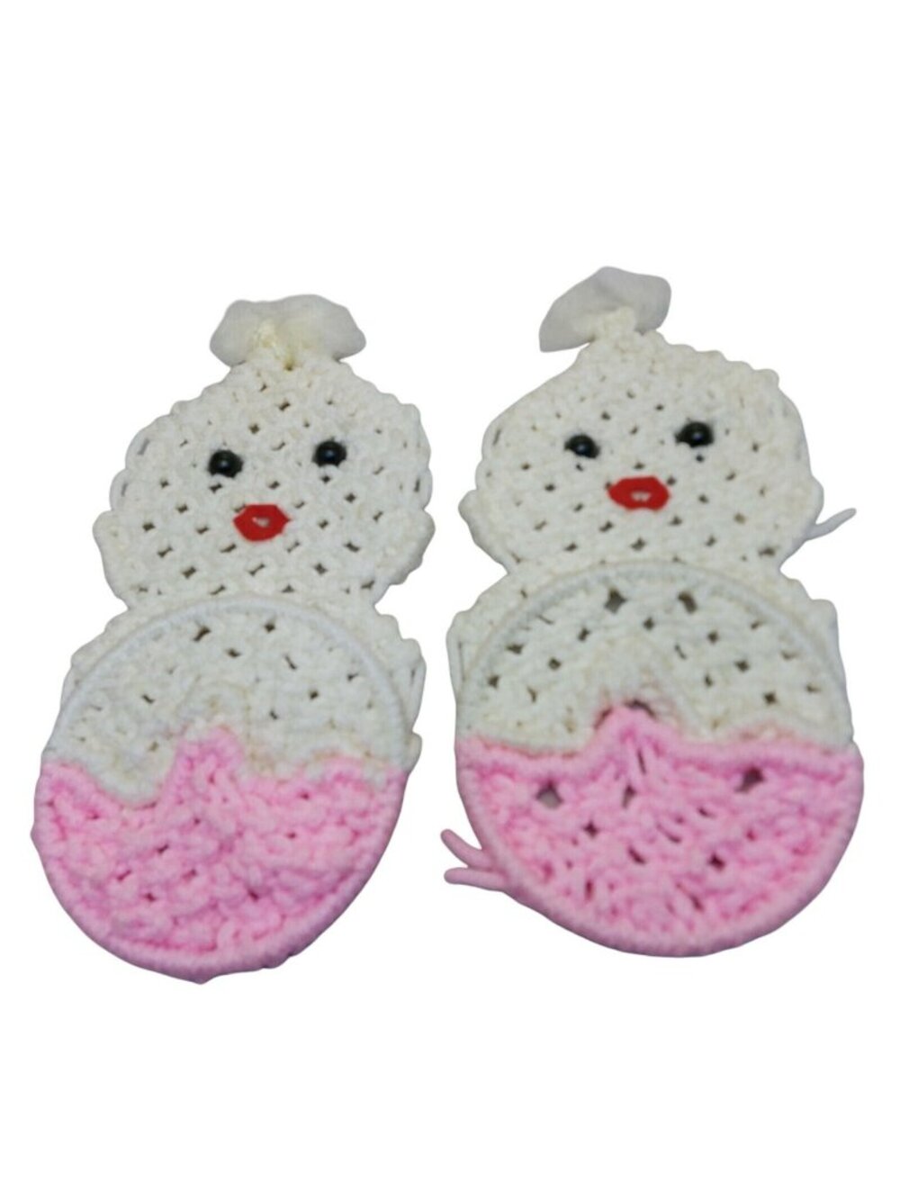 Macrame & Wood Chicken Easter Chicks Pink & White Spring Decor 13" set 2